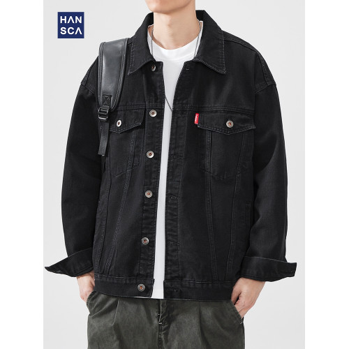 hansca美式水洗黑色牛仔外套男春季2025新款潮牌織嘜撞色寬鬆夾克