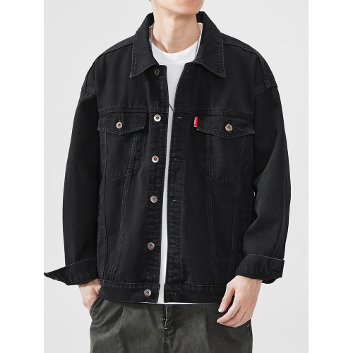 hansca美式水洗黑色牛仔外套男春季2025新款潮牌織嘜撞色寬鬆夾克