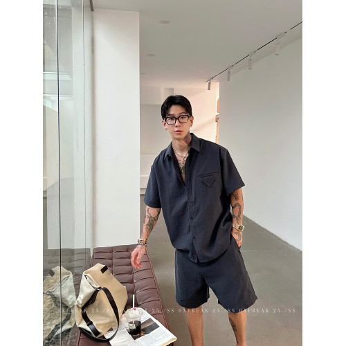 OXFREAK「老錢風 亞麻混紡」卡其色短褲男夏季薄款寬鬆直筒五分褲