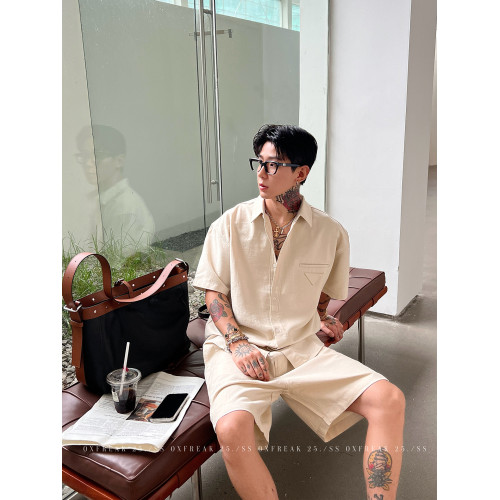 OXFREAK「老錢風 亞麻混紡」卡其色短褲男夏季薄款寬鬆直筒五分褲