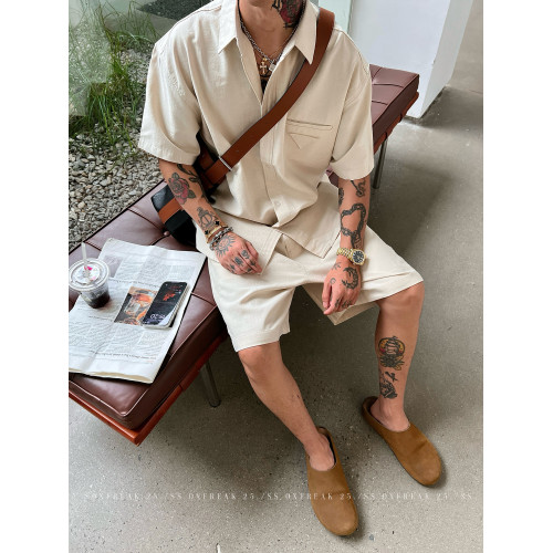 OXFREAK「老錢風 亞麻混紡」卡其色短褲男夏季薄款寬鬆直筒五分褲