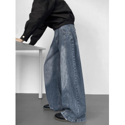 美式高街彎刀牛仔褲男冬季寬鬆加絨加厚大碼濶腿褲男生復古長褲子