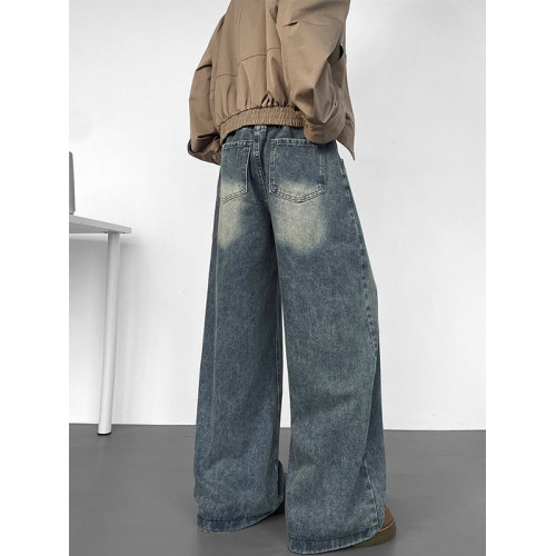 美式高街彎刀牛仔褲男冬季寬鬆加絨加厚大碼濶腿褲男生復古長褲子