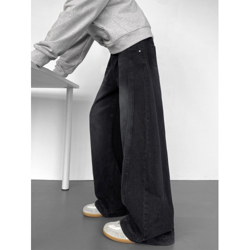 美式高街彎刀牛仔褲男冬季寬鬆加絨加厚大碼濶腿褲男生復古長褲子