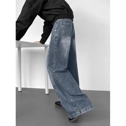 美式高街彎刀牛仔褲男冬季寬鬆加絨加厚大碼濶腿褲男生復古長褲子