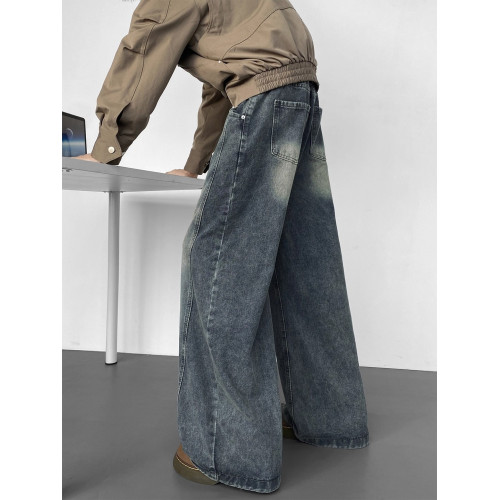 美式高街彎刀牛仔褲男冬季寬鬆加絨加厚大碼濶腿褲男生復古長褲子