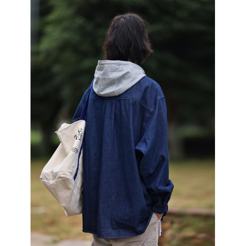 Nobodyknows日系假兩件可拆卸帽多口袋男女廓形牛仔夾克春祺外套