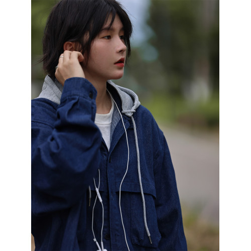 Nobodyknows日系假兩件可拆卸帽多口袋男女廓形牛仔夾克春祺外套