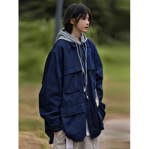 Nobodyknows日系假兩件可拆卸帽多口袋男女廓形牛仔夾克春祺外套