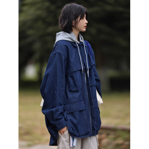 Nobodyknows日系假兩件可拆卸帽多口袋男女廓形牛仔夾克春祺外套