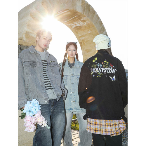 清 MANYSTON美式復古牛仔外套男款春秋季潮牌高級感繙領休閒夾克