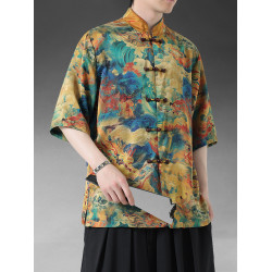 新中式薄款印花唐裝冰絲襯衫復古盤釦對襟中山裝半袖寬鬆大碼上衣