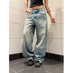 F383 美式復古貓須漸變直筒牛仔褲男女寬鬆百搭休閒濶腿拖地長褲