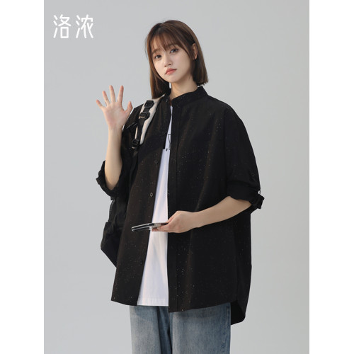 洛濃無性別夏季襯衫滿天星燙金短袖七分袖可調節襯衣男女寬鬆學生