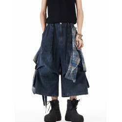 可拆卸格紋屁簾褲男女夏季美式飄帶工裝牛仔短褲寬鬆濶腿七分褲子