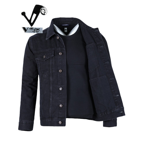 V格黑色牛仔外套男寬鬆夾克2025秋季新款休閒百搭大碼牛仔衣男潮
