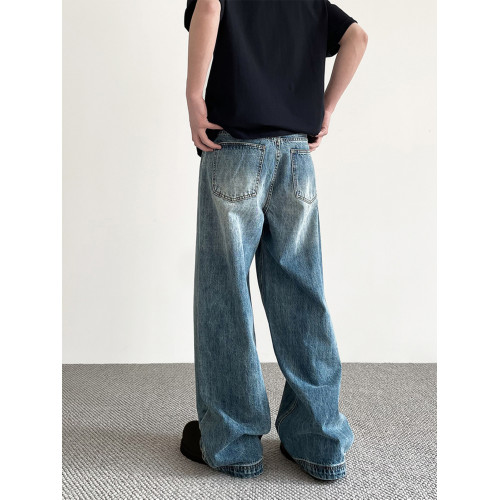 美式cleanfit做舊藍色牛仔褲男女潮牌高街寬鬆直筒百搭濶腿長褲子