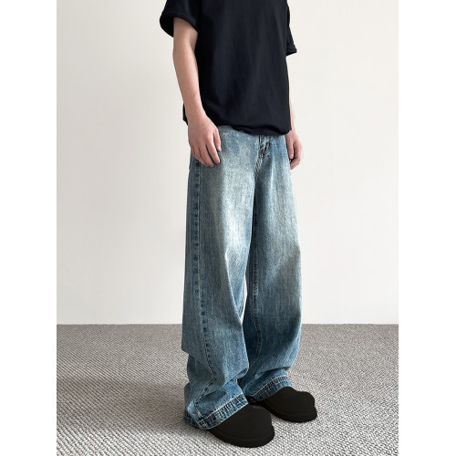 美式cleanfit做舊藍色牛仔褲男女潮牌高街寬鬆直筒百搭濶腿長褲子