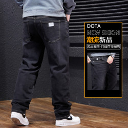 秋冬季350斤彈力牛仔褲男大碼寬鬆直筒胖子加肥加大厚款肥佬高腰