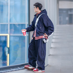 DNT STP美式復古單甯牛仔外套男生潮boxy工裝休閒秋款連帽夾克