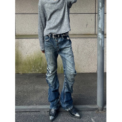 美式高街復古vintage排釦褶皺彎刀牛仔褲男直筒修身休閒堆堆褲子