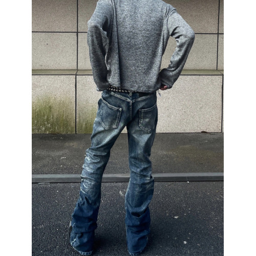 美式高街復古vintage排釦褶皺彎刀牛仔褲男直筒修身休閒堆堆褲子