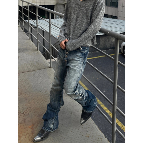 美式高街復古vintage排釦褶皺彎刀牛仔褲男直筒修身休閒堆堆褲子