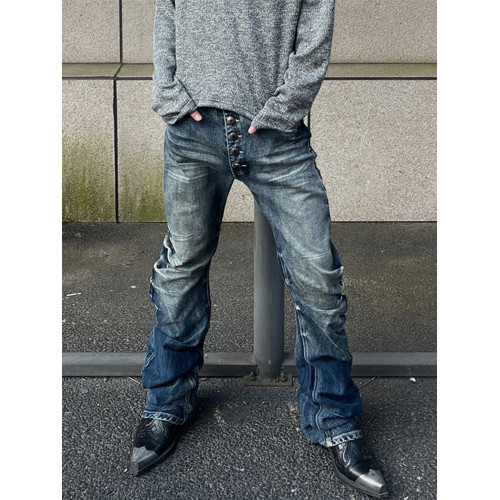 美式高街復古vintage排釦褶皺彎刀牛仔褲男直筒修身休閒堆堆褲子