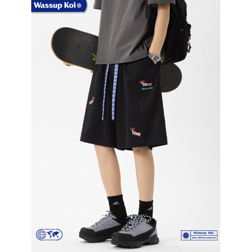 WASSUP KOI臘腸狗刺綉美式運動短褲男夏季寬鬆運動休閒五分沙灘褲