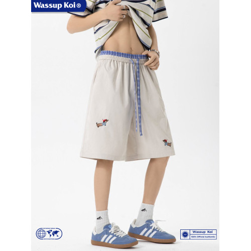 WASSUP KOI臘腸狗刺綉美式運動短褲男夏季寬鬆運動休閒五分沙灘褲