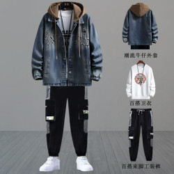 青少年春秋新款牛仔外套男士冬季加絨加厚初高中學生潮流帥氣套裝