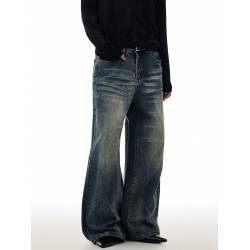 THUMPUP美式高街復古水洗濶腿牛仔褲男寬鬆直筒設計感vintage褲子