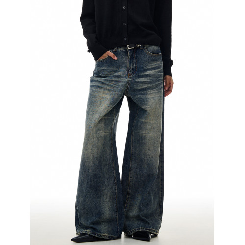 THUMPUP美式高街復古水洗濶腿牛仔褲男寬鬆直筒設計感vintage褲子