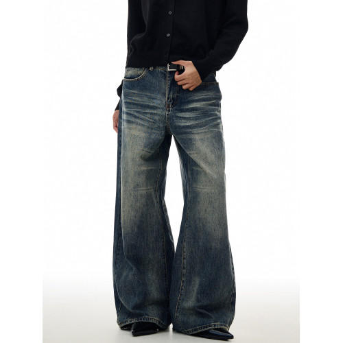 THUMPUP美式高街復古水洗濶腿牛仔褲男寬鬆直筒設計感vintage褲子