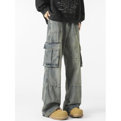 悟空有貨潮牌嘻哈寬鬆hiphop立體大口袋工裝牛仔褲男水洗直筒長褲