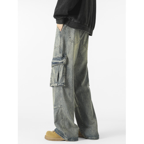 悟空有貨潮牌嘻哈寬鬆hiphop立體大口袋工裝牛仔褲男水洗直筒長褲