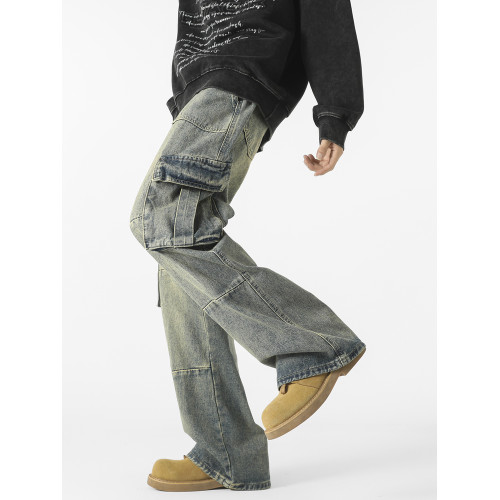 悟空有貨潮牌嘻哈寬鬆hiphop立體大口袋工裝牛仔褲男水洗直筒長褲