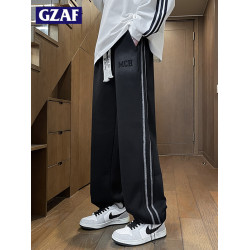 GZAF秋冬季男生青少年休閒直筒長褲子寬鬆濶腿學生加絨加厚運動褲