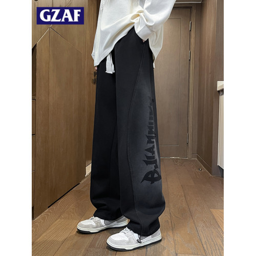 GZAF秋冬季男生青少年休閒直筒長褲子寬鬆濶腿學生加絨加厚運動褲