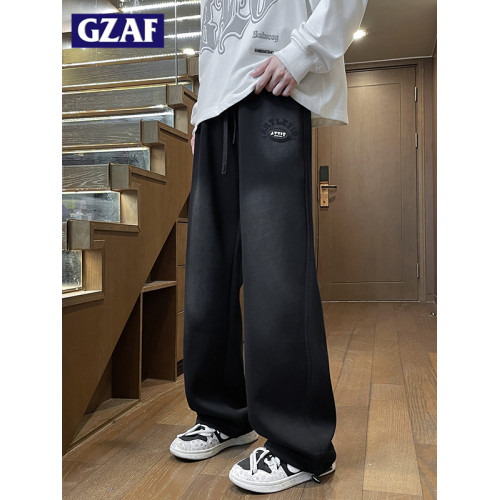 GZAF秋冬季男生青少年休閒直筒長褲子寬鬆濶腿學生加絨加厚運動褲