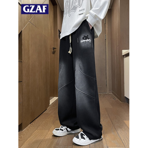 GZAF秋冬季男生青少年休閒直筒長褲子寬鬆濶腿學生加絨加厚運動褲