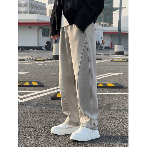 美式水洗晨霧灰牛仔褲男秋冬潮牌寬鬆復古拼接彎刀濶腿牛仔褲男款