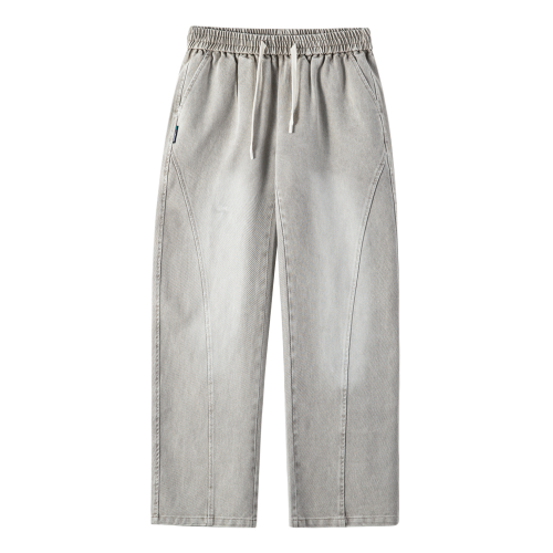 美式水洗晨霧灰牛仔褲男秋冬潮牌寬鬆復古拼接彎刀濶腿牛仔褲男款