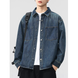 COKO美式復古經典水洗藍牛仔襯衫男寬鬆大碼秋季潮牌工裝夾克外套