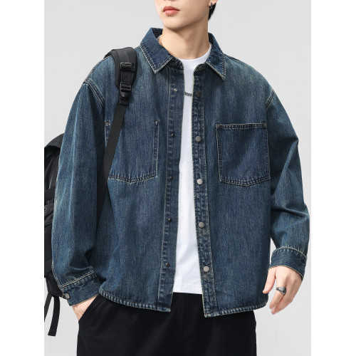 COKO美式復古經典水洗藍牛仔襯衫男寬鬆大碼秋季潮牌工裝夾克外套