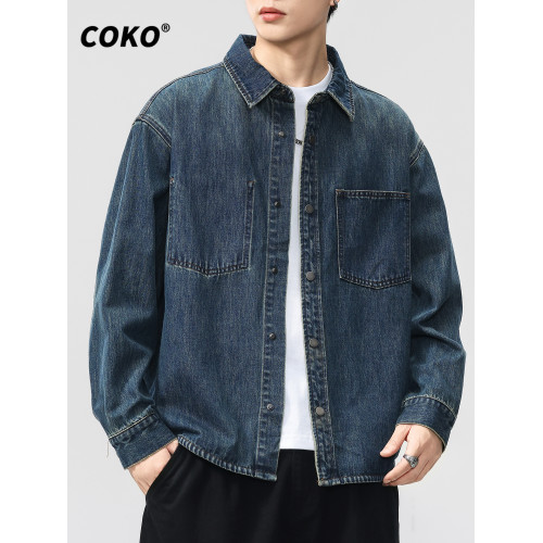 COKO美式復古經典水洗藍牛仔襯衫男寬鬆大碼秋季潮牌工裝夾克外套