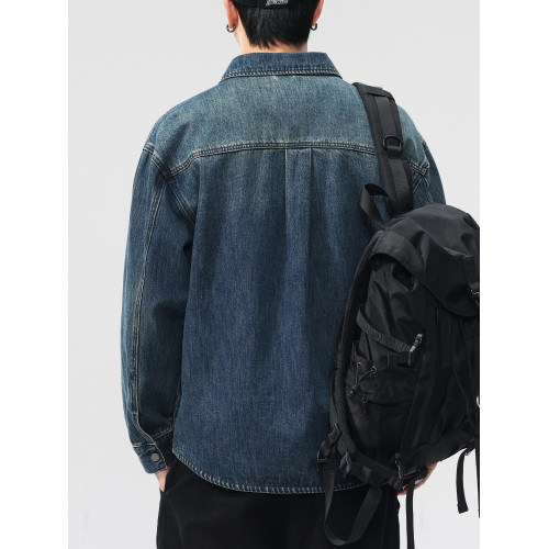 COKO美式復古經典水洗藍牛仔襯衫男寬鬆大碼秋季潮牌工裝夾克外套