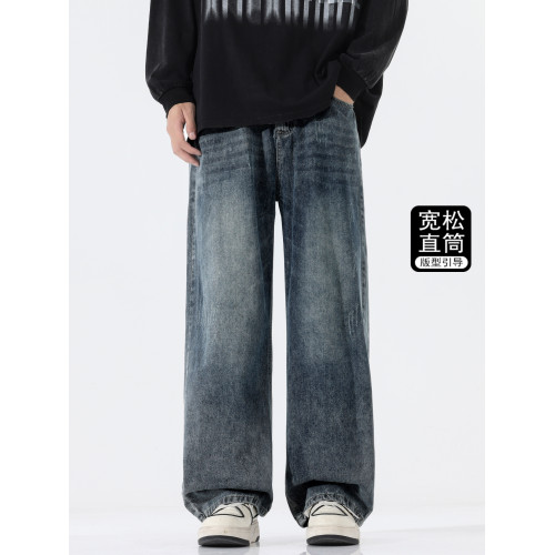獵璞牛仔褲男士新款水洗直筒休閒褲子男冬季美式做舊寬鬆彎刀長褲