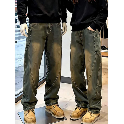 泥黃色彎刀牛仔褲男款秋冬水洗做舊工裝褲子cleanfit直筒微喇褲