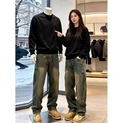 泥黃色彎刀牛仔褲男款秋冬水洗做舊工裝褲子cleanfit直筒微喇褲